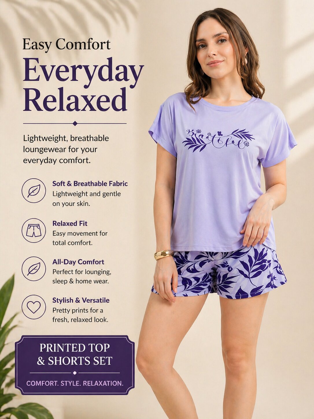 Women’s Printed Half Sleeve T-Shirt & Shorts Set – Lilac