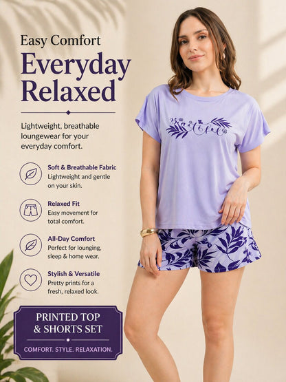 Women’s Printed Half Sleeve T-Shirt & Shorts Set – Lilac