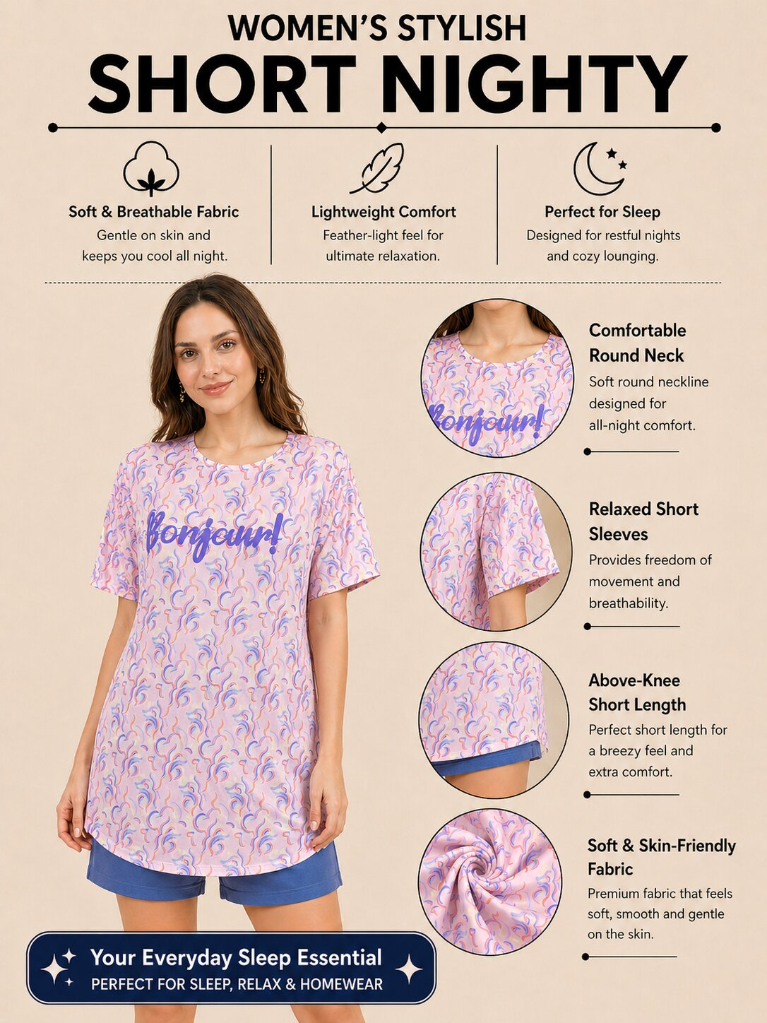 Women’s Printed Short Nighty – Peach