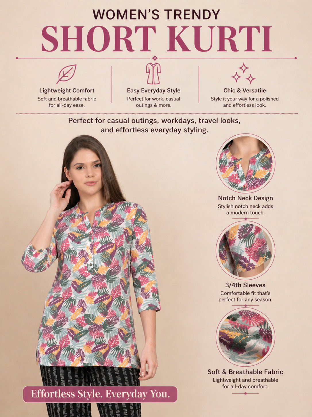 Women’s 3/4 Sleeve Printed Short Kurti – Multicolor