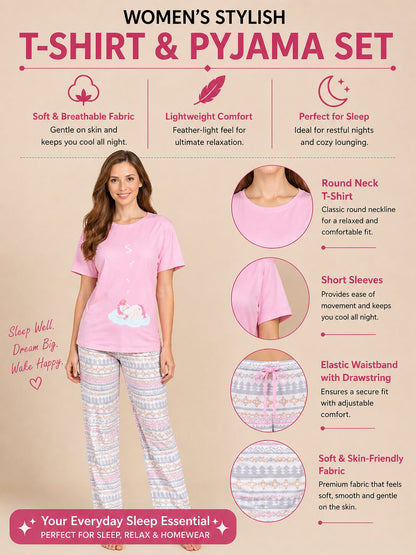 Women’s Print Half Sleeve T-Shirt & Pyjama Set – Off White
