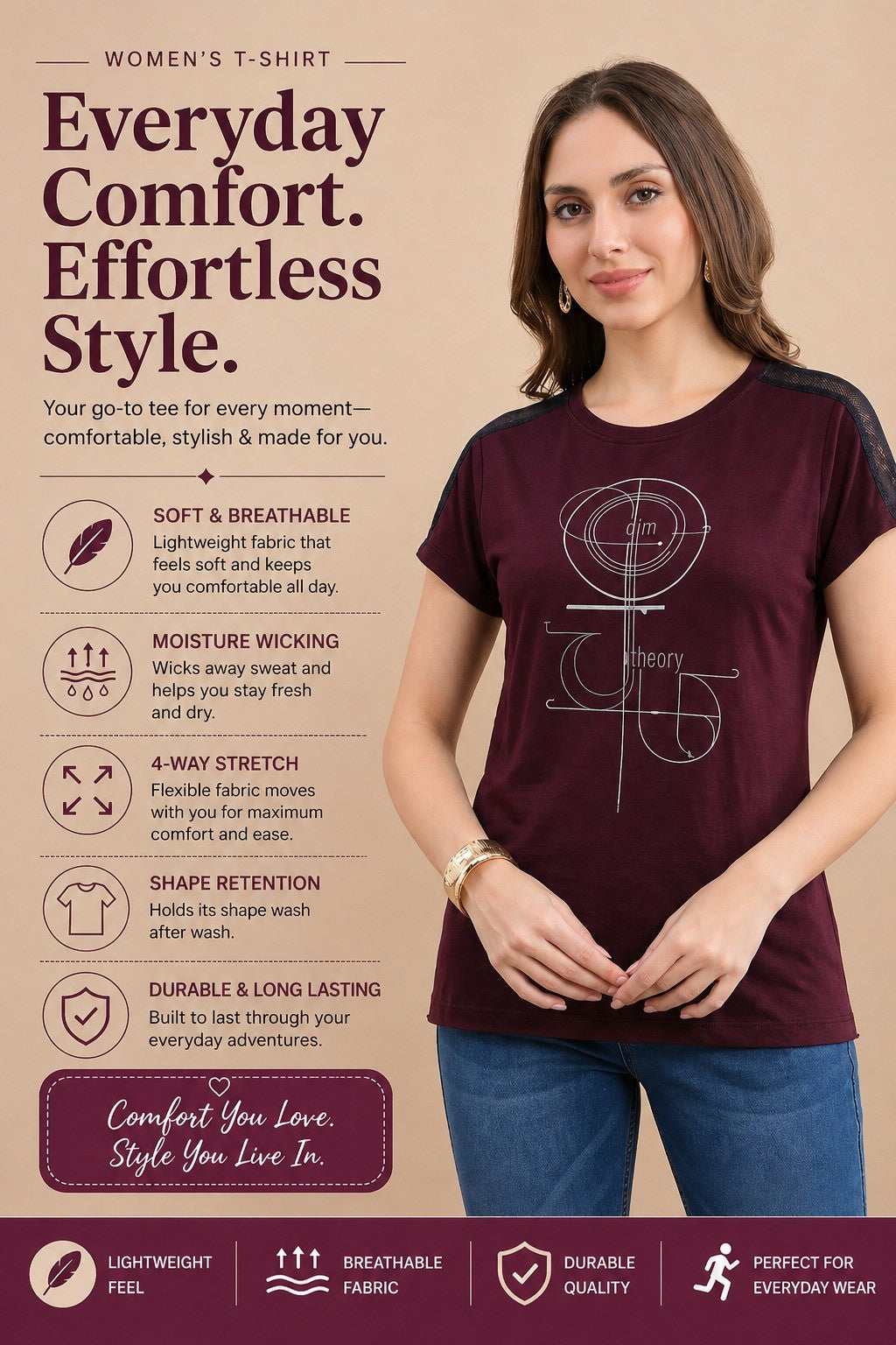 Women’s Half Sleeve Polyester Active T-Shirt – Wine