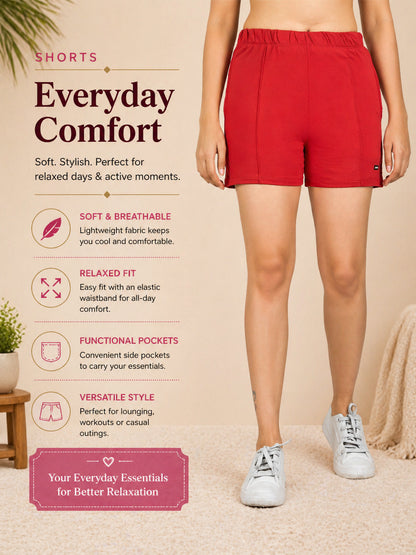 Women’s Solid Athleisure Activewear Shorts – Red