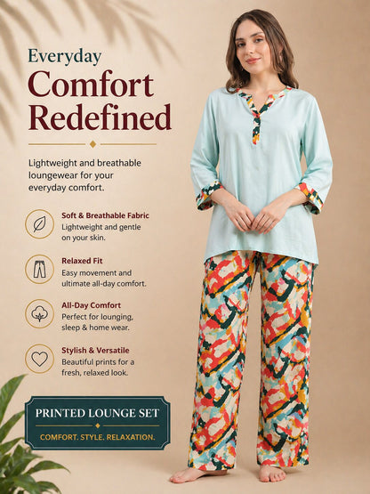 Women’s Printed Half Sleeve T-Shirt & Pyjama Set – Sand Brown and Blue