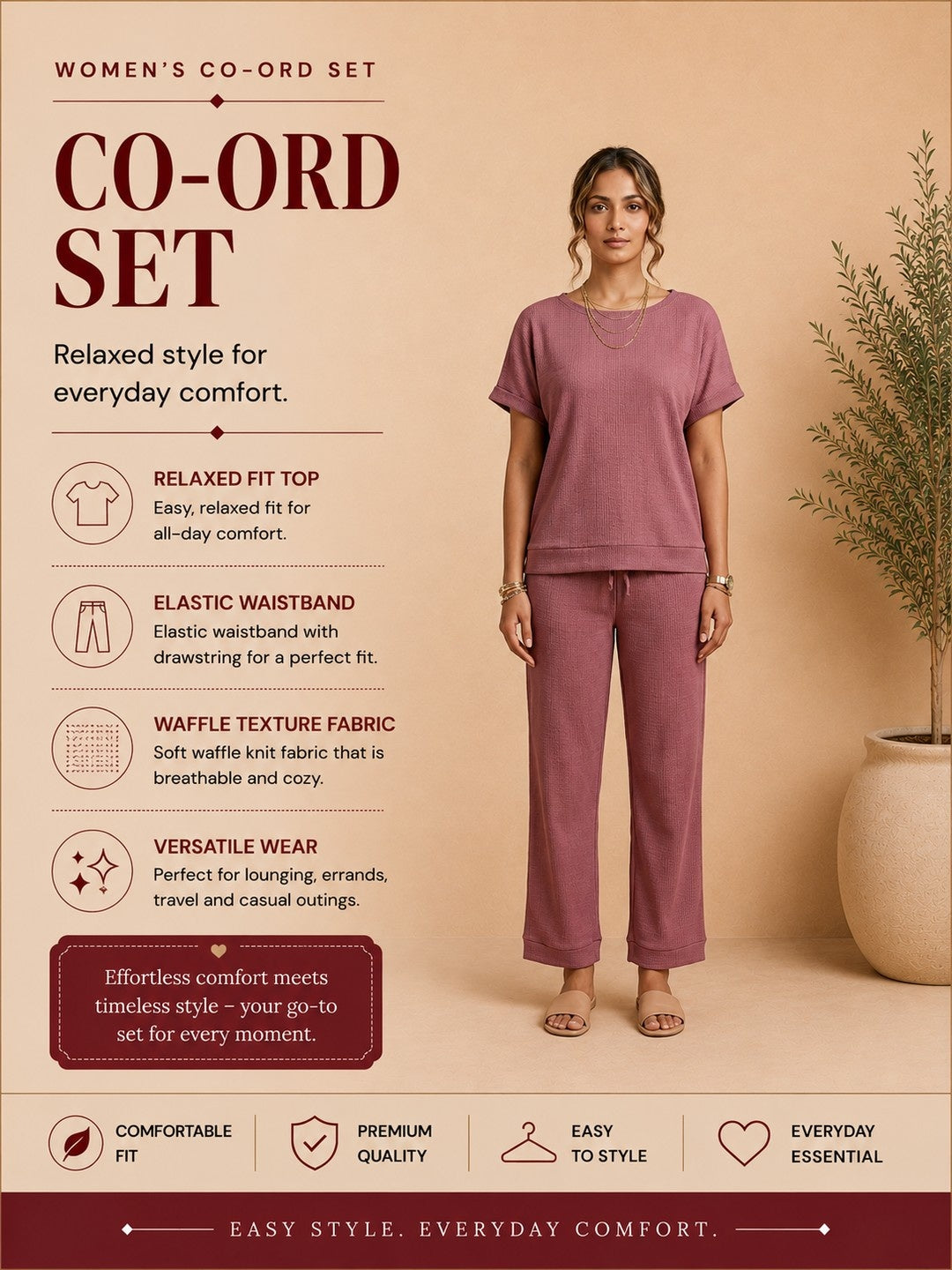Women’s Waffle Textured Top & Bottom Set - Mauve