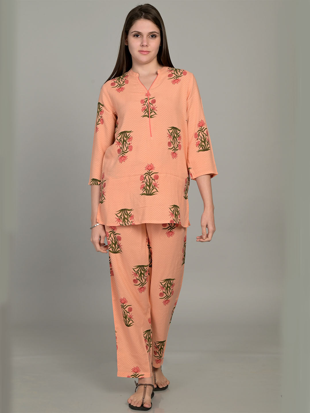 V Neck Orange 3/4Th Sleeve Printed Co-Ord Set