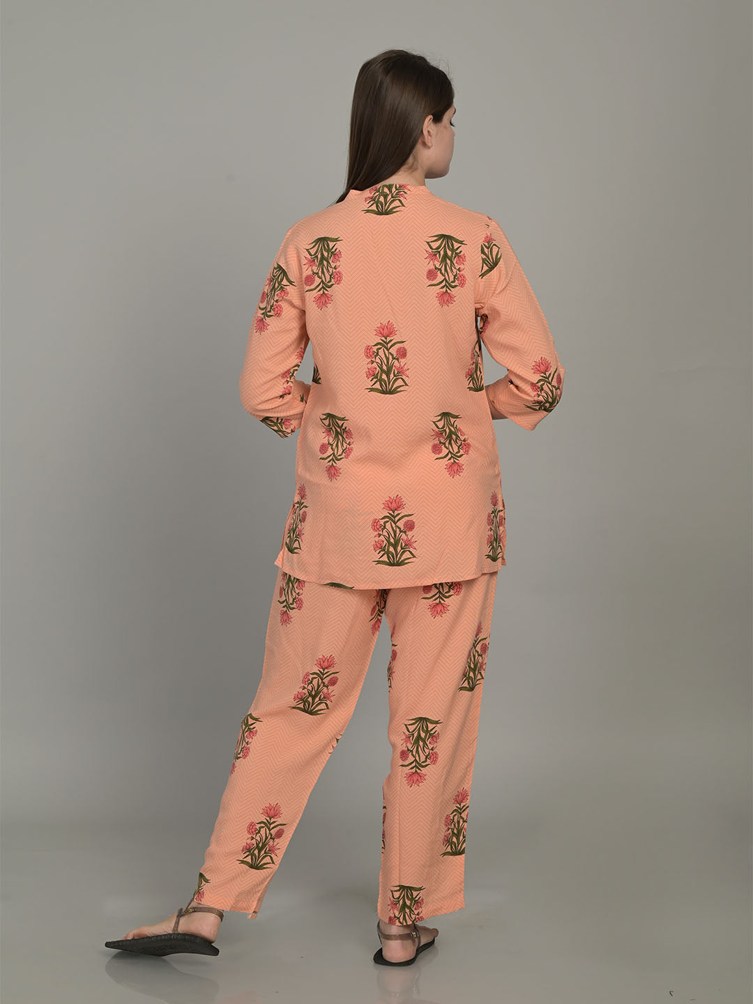 V Neck Orange 3/4Th Sleeve Printed Co-Ord Set