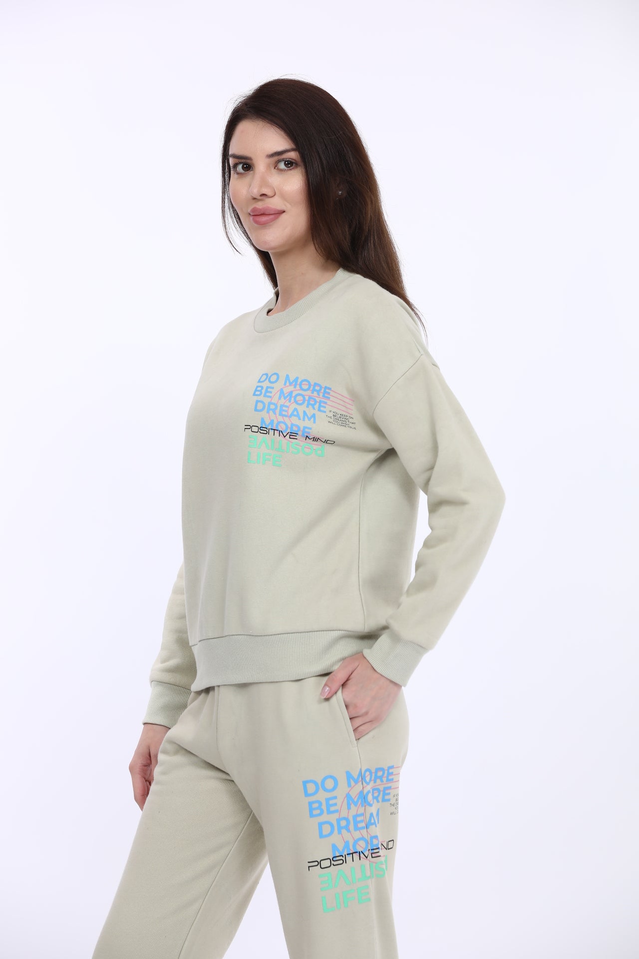 Maysixty® Women Fleece Beige Printed Full Sleeve Sweat Shirt