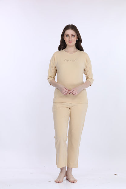 Maysixty® Women Cotton Spandex Beige Solid 3/Th Sleeve Fashion Co-Ord Set