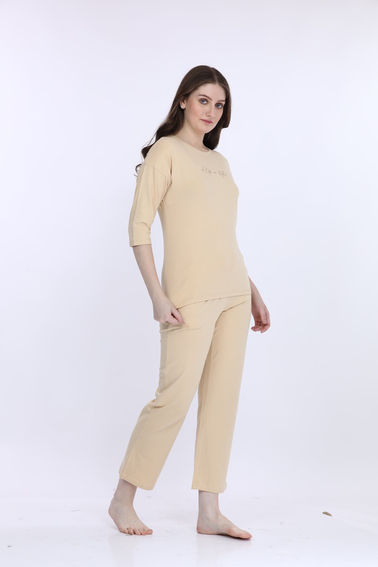 Maysixty® Women Cotton Spandex Beige Solid 3/Th Sleeve Fashion Co-Ord Set