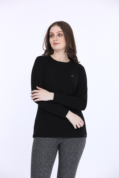 Maysixty® Women 100% Cotton Black Solid Full Sleeve T-Shirt