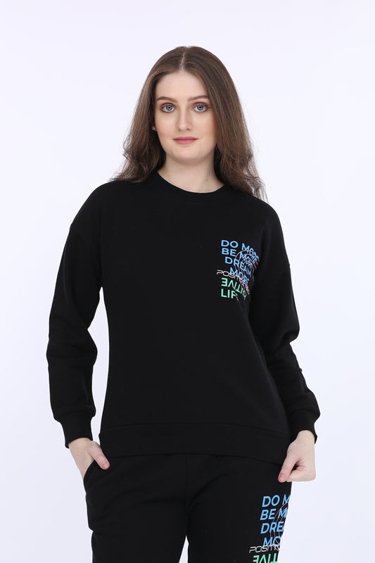 Maysixty® Women Fleece Black Printed Full Sleeve Sweat Shirt