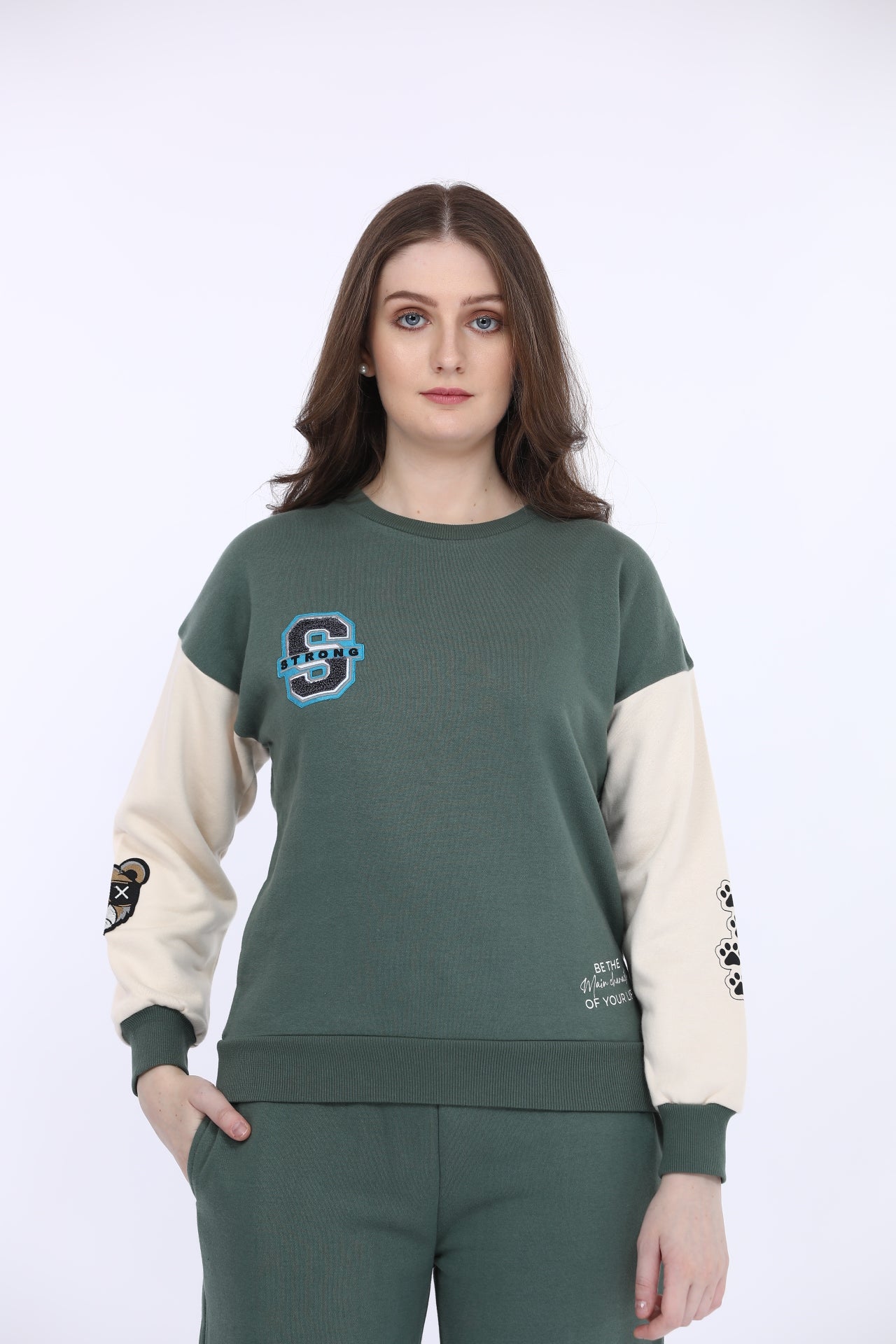 Maysixty® Women Fleece Green Printed Full Sleeve Sweat Shirt