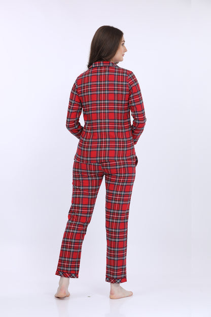 Maysixty® Women Cotton Spandex Red Checked Full Sleeve T-Shirt With Pyjama