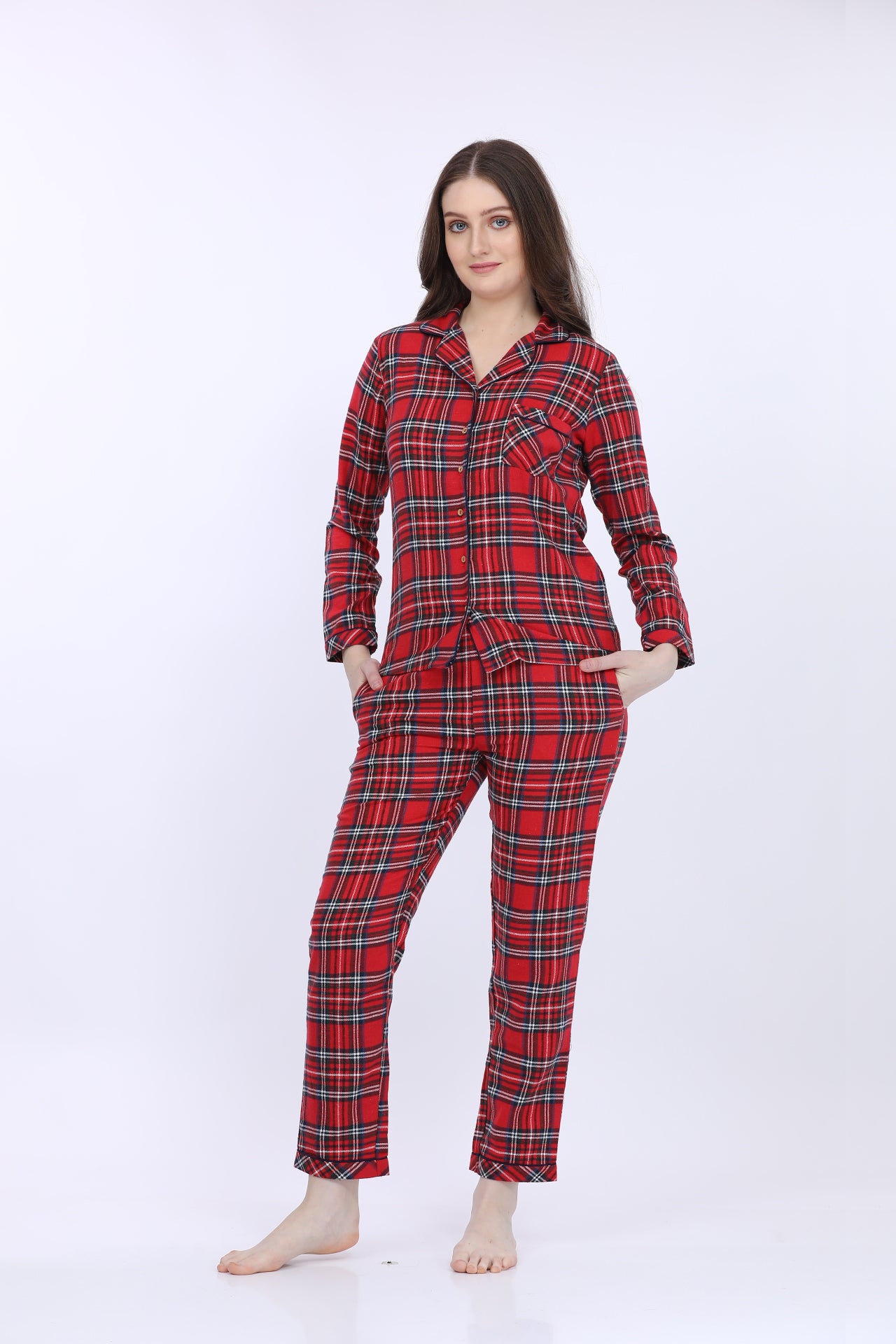 Maysixty® Women Cotton Spandex Red Checked Full Sleeve T-Shirt With Pyjama