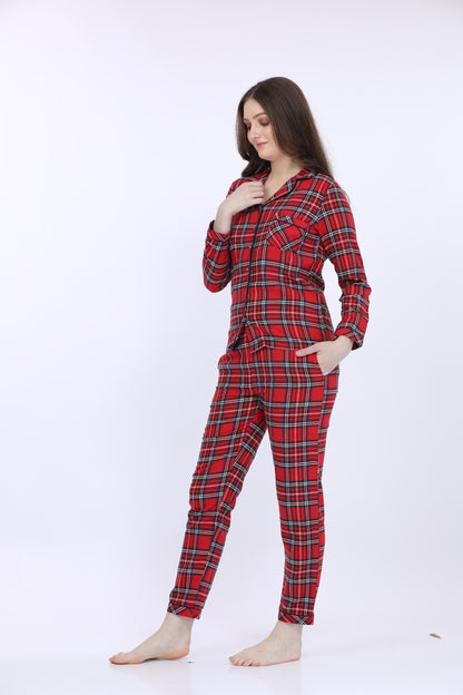 Maysixty® Women Cotton Spandex Red Checked Full Sleeve T-Shirt With Pyjama