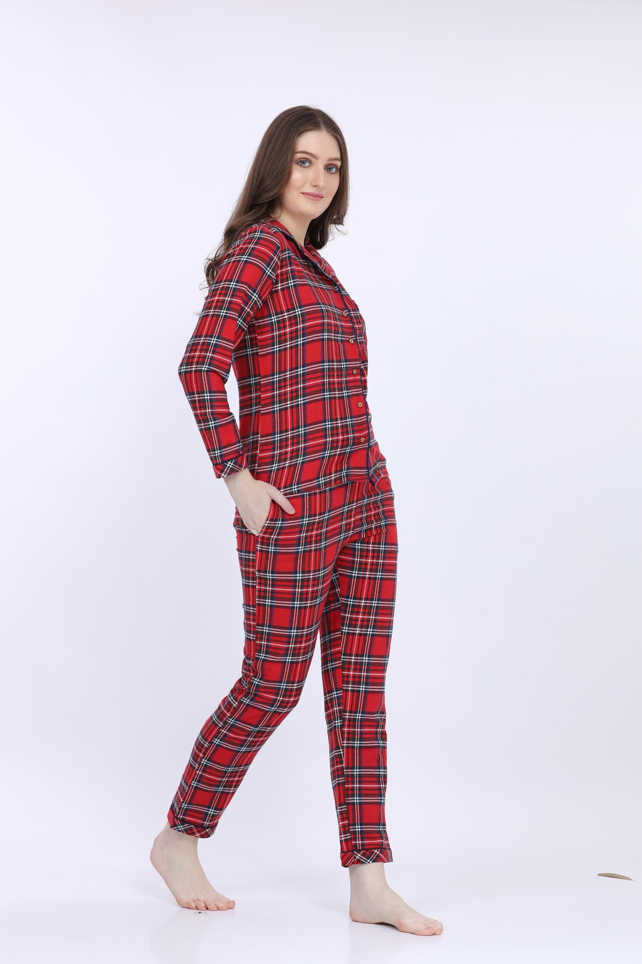 Maysixty® Women Cotton Spandex Red Checked Full Sleeve T-Shirt With Pyjama