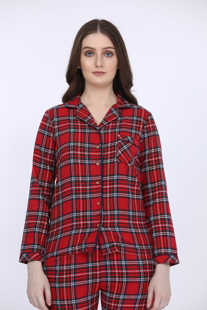 Maysixty® Women Cotton Spandex Red Checked Full Sleeve T-Shirt With Pyjama