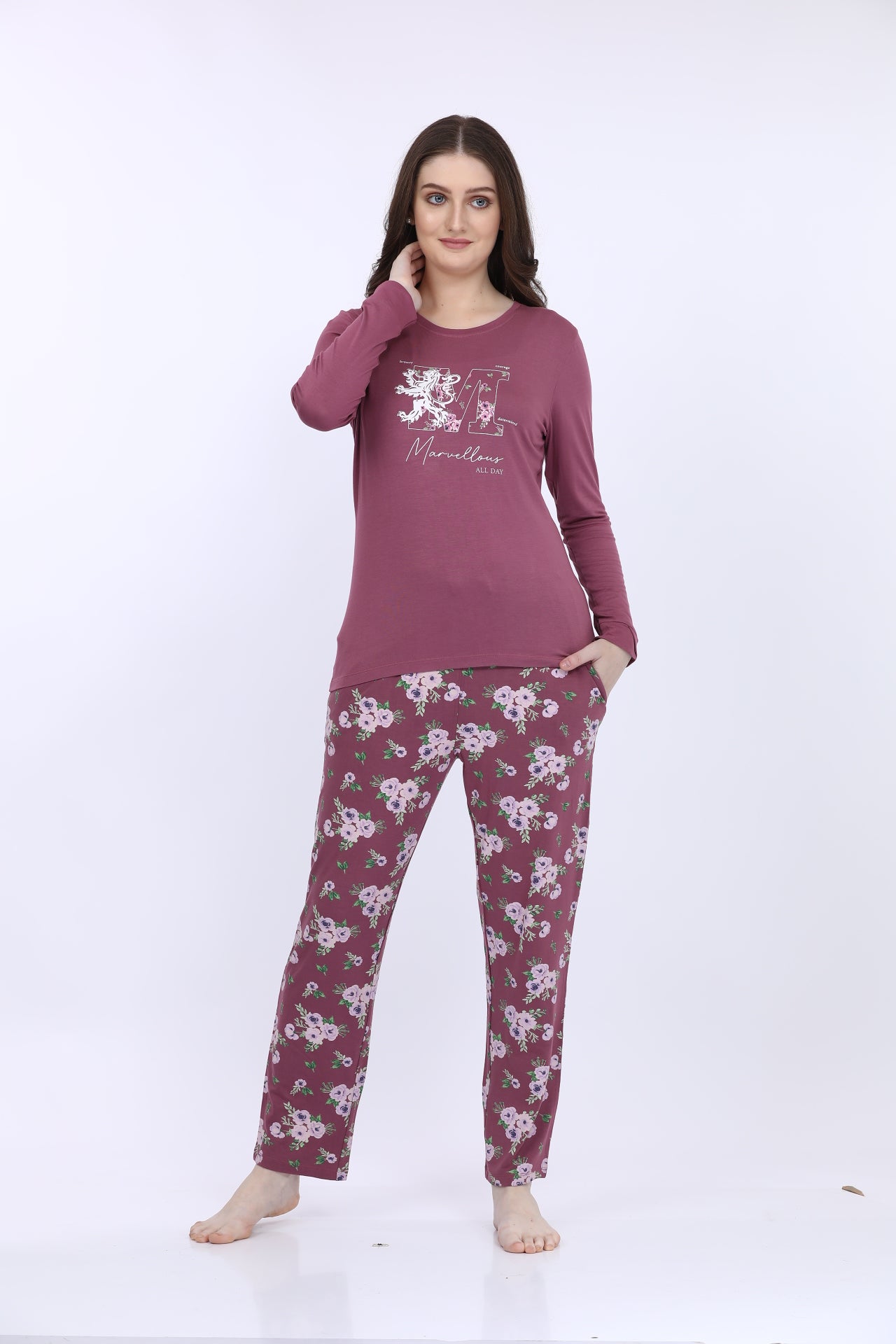 Maysixty® Women Viscose Spandex Purple Printed Full Sleeve T-Shirt With Pyjama