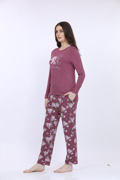 Maysixty® Women Viscose Spandex Purple Printed Full Sleeve T-Shirt With Pyjama