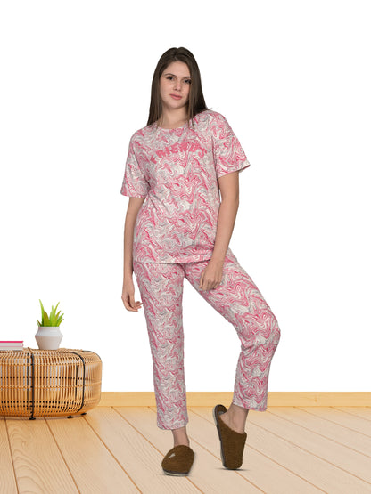 Round Neck Pink Half Sleeve Tshirt & Pyjama Set