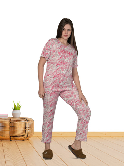 Round Neck Pink Half Sleeve Tshirt & Pyjama Set