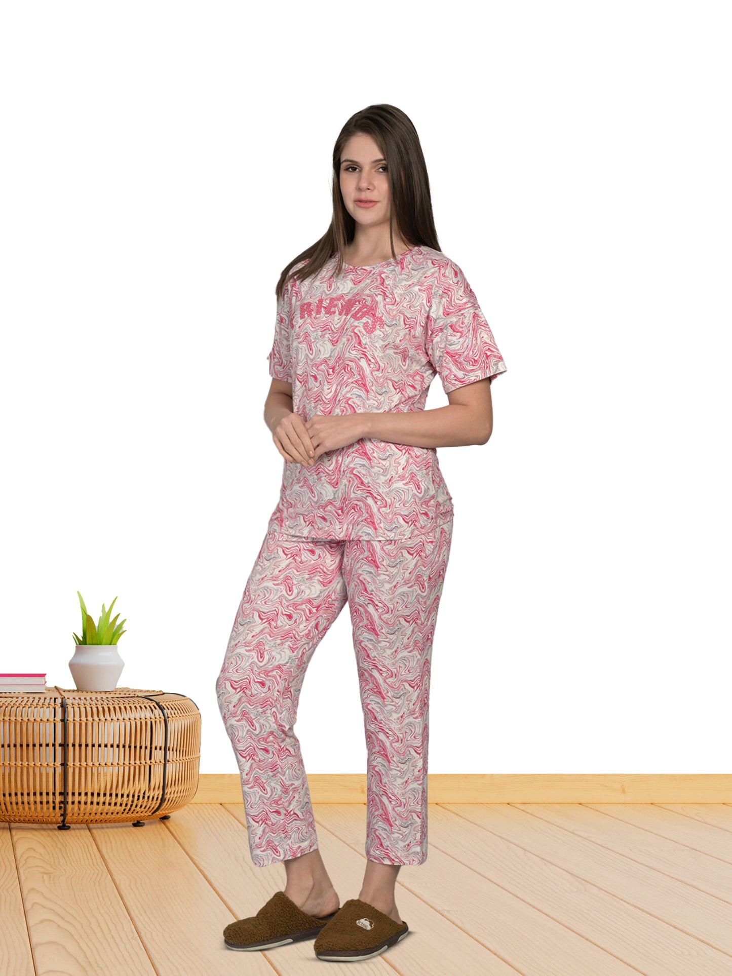 Round Neck Pink Half Sleeve Tshirt & Pyjama Set