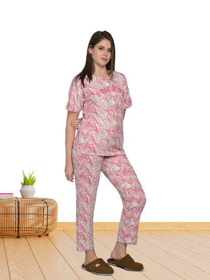 Round Neck Pink Half Sleeve Tshirt & Pyjama Set