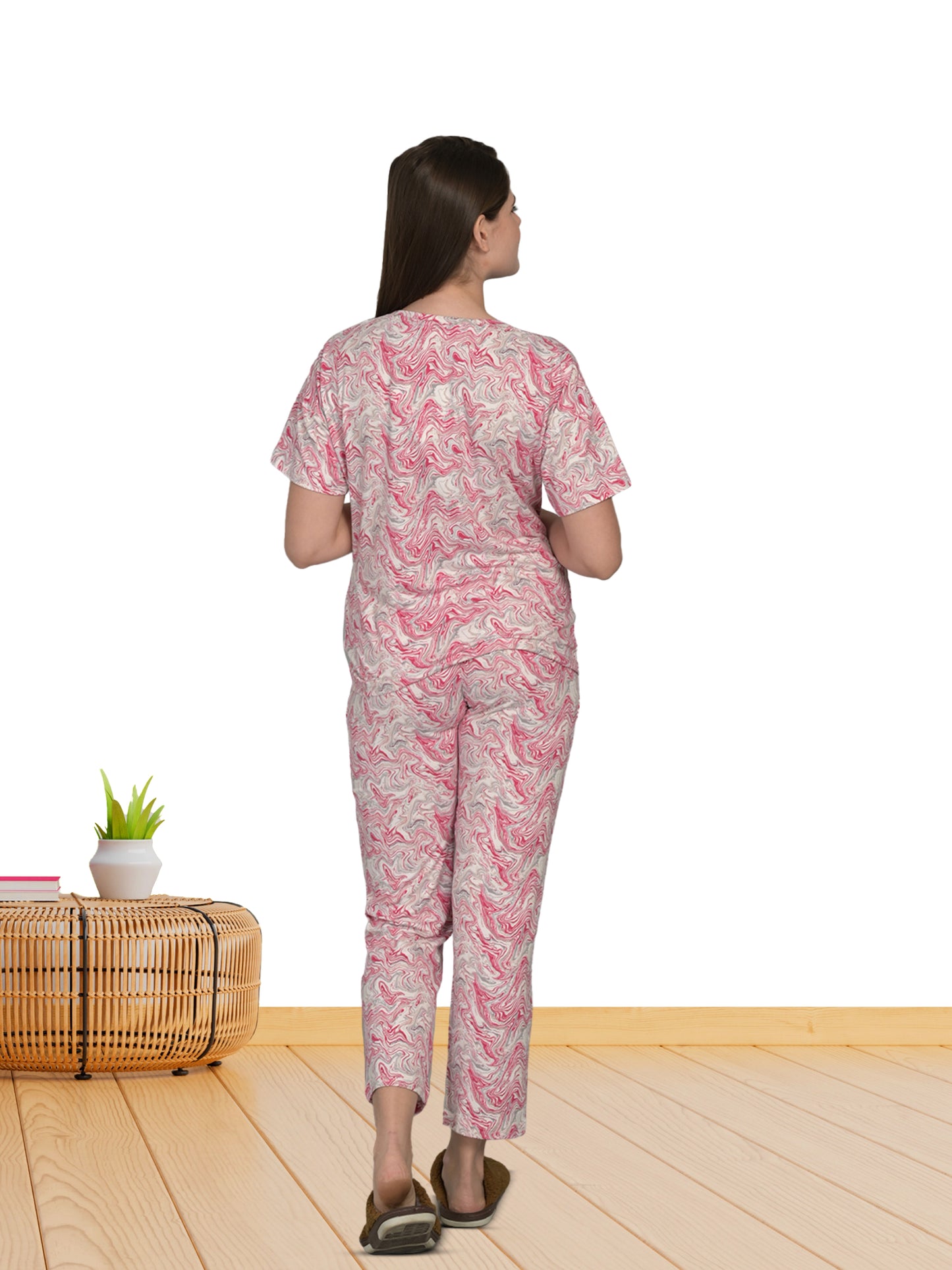 Round Neck Pink Half Sleeve Tshirt & Pyjama Set