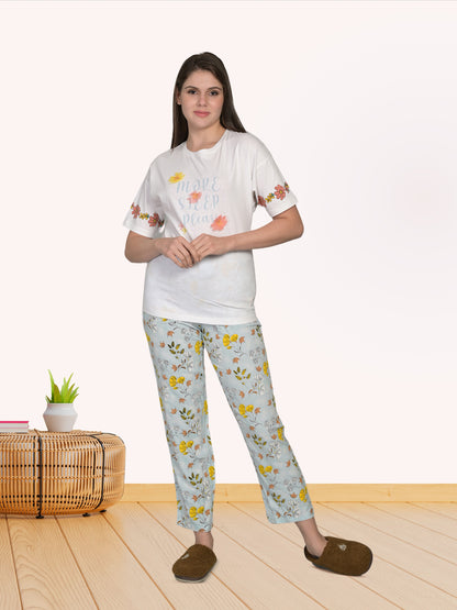 Round Neck Blue Half Sleeve Tshirt & Pyjama Set