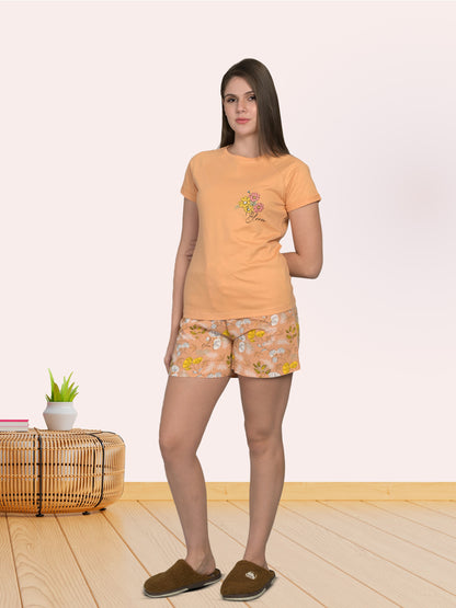 Round Neck Peach Half Sleeve Tshirt & Shorts Set