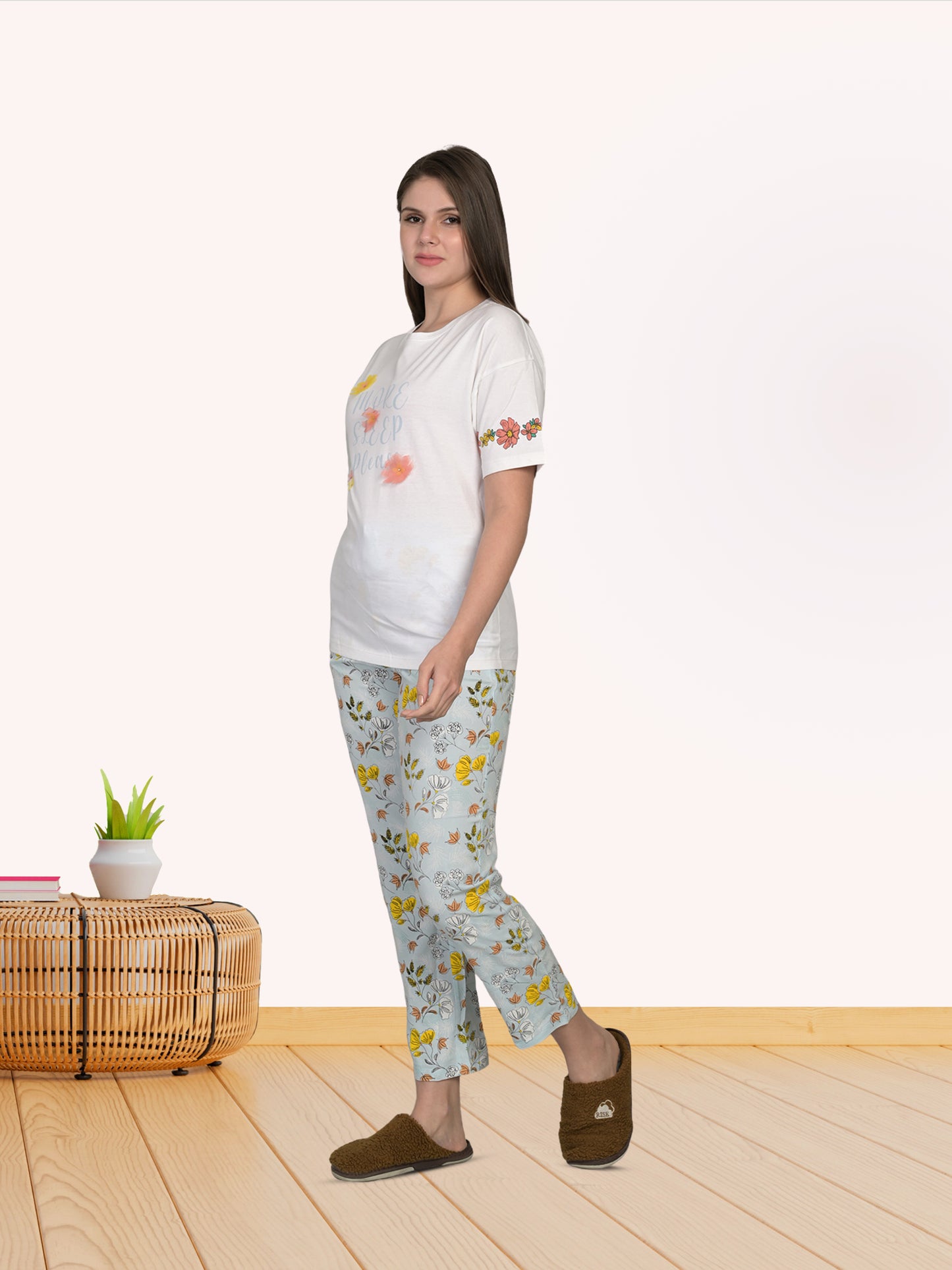 Round Neck Blue Half Sleeve Tshirt & Pyjama Set