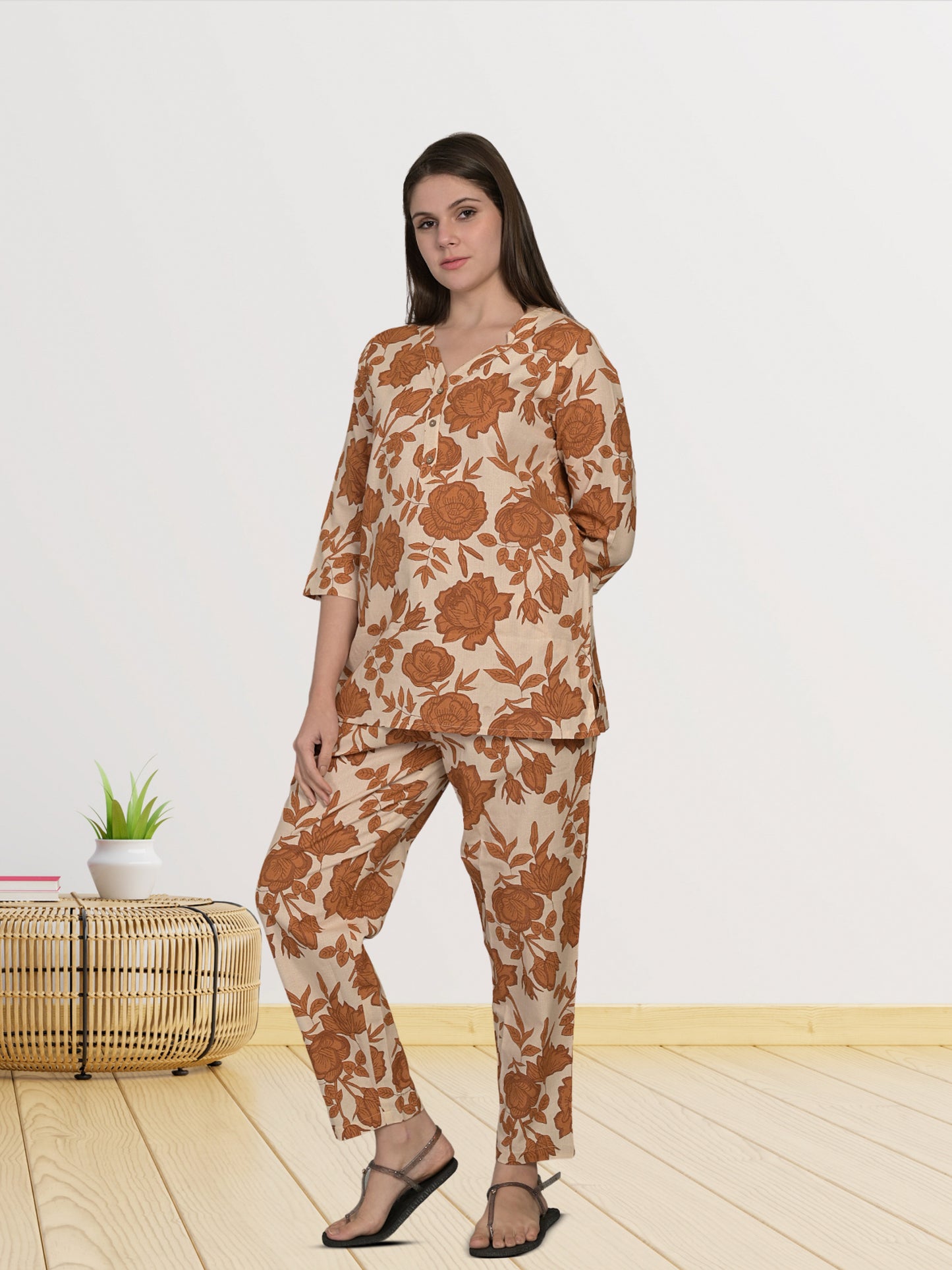 V Neck Brown 3/4Th Sleeve Printed Co-Ord Set