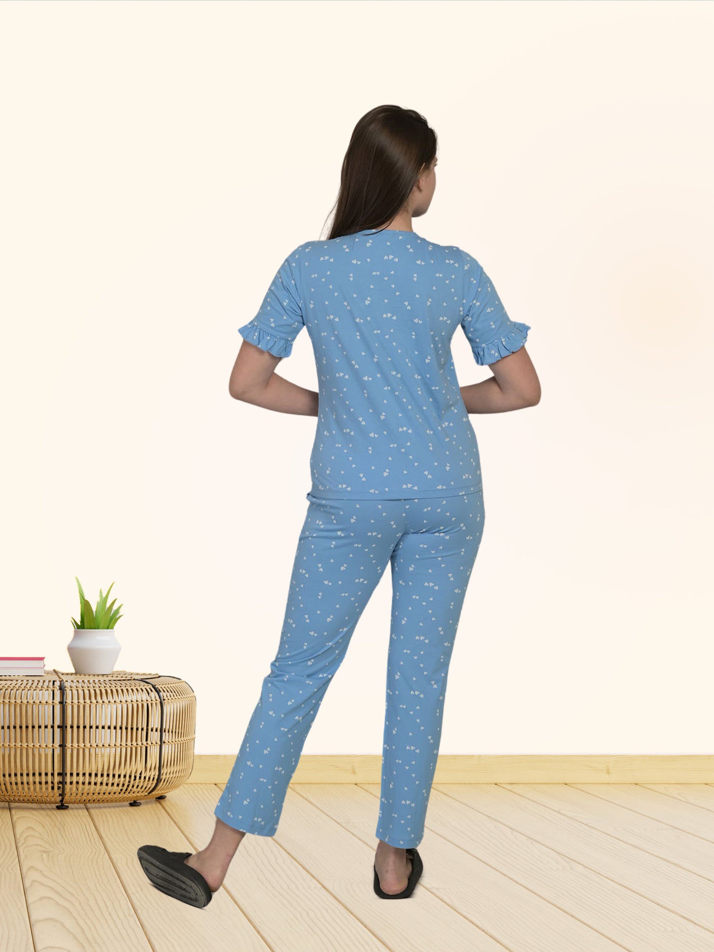 Round Neck Blue Half Sleeve Top & Pyjama Set