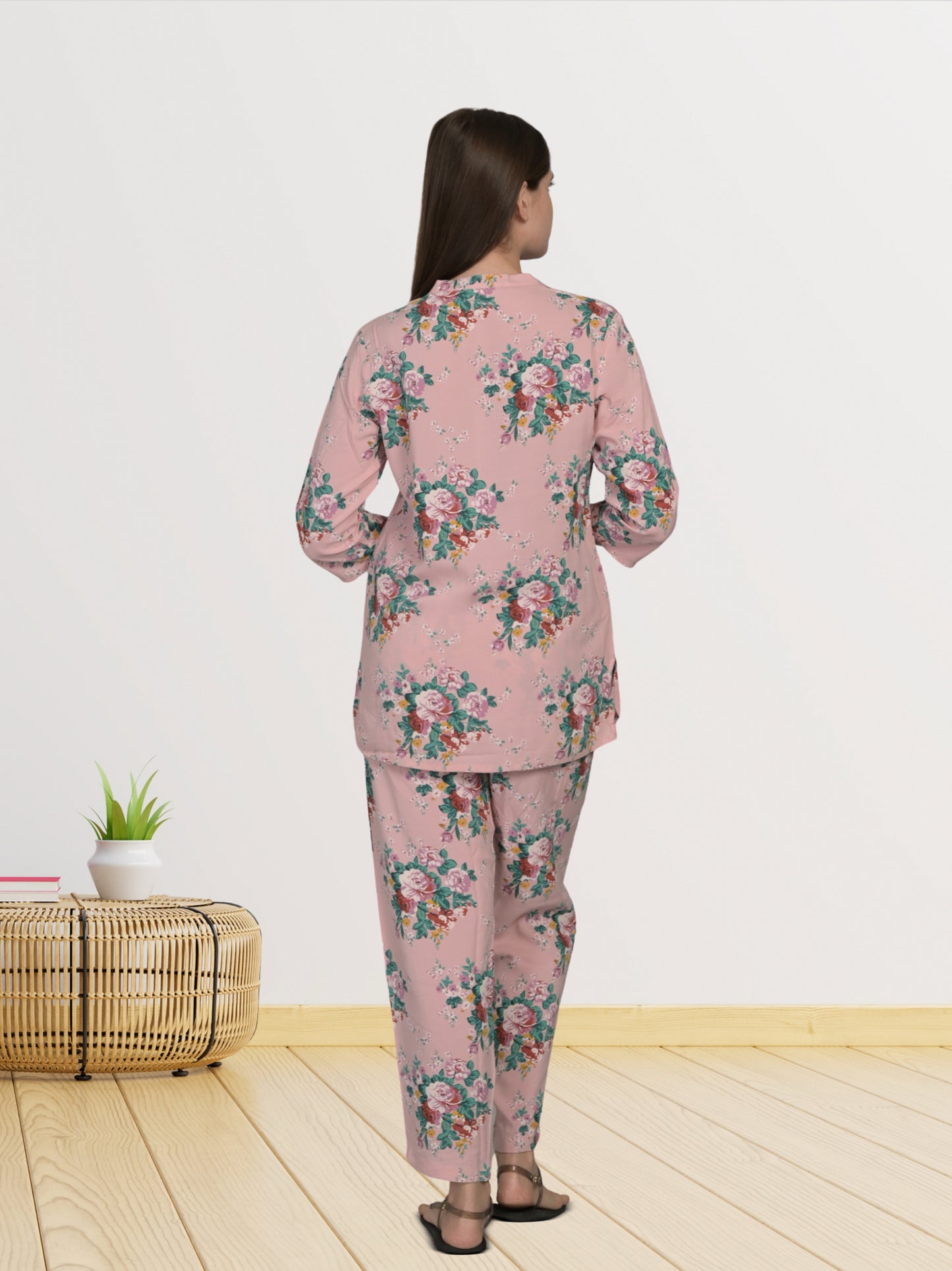 V Neck Pink 3/4Th Sleeve Printed Co-Ord Set