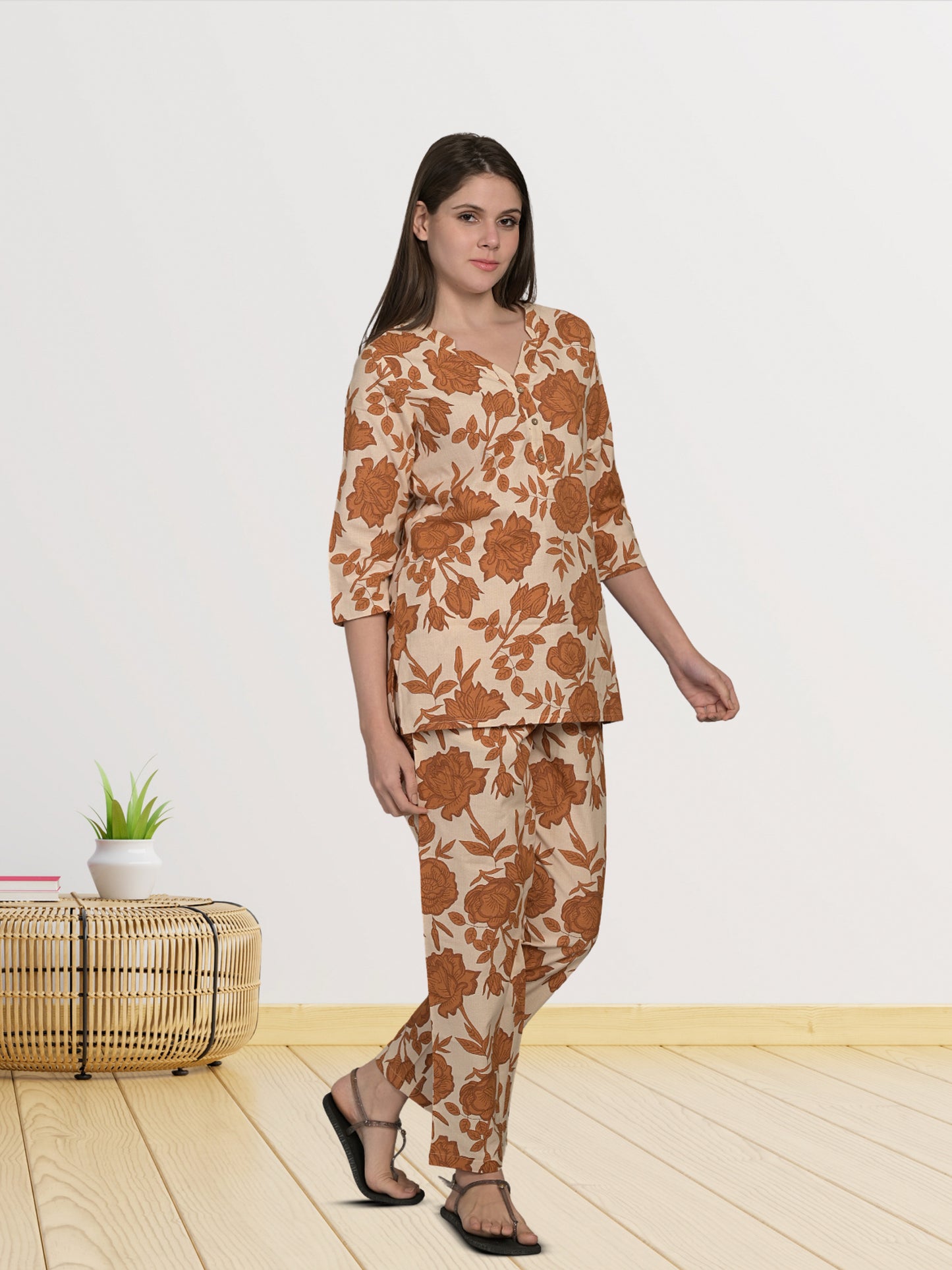 V Neck Brown 3/4Th Sleeve Printed Co-Ord Set