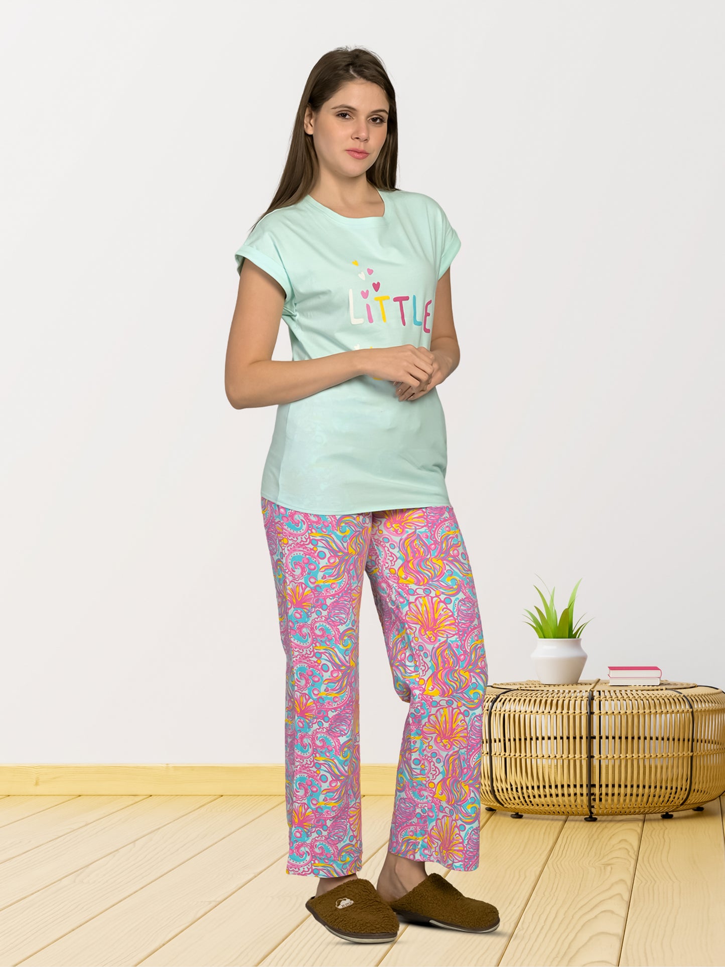 Round Neck Blue Half Sleeve Tshirt & Pyjama Set