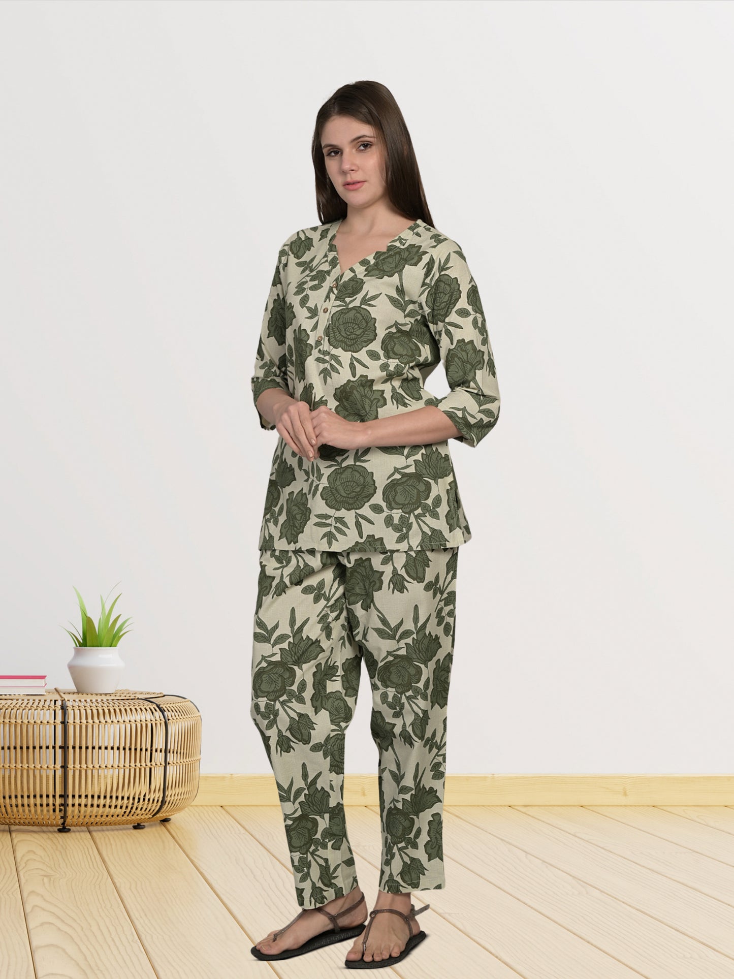 V Neck Green 3/4Th Sleeve Printed Co-Ord Set