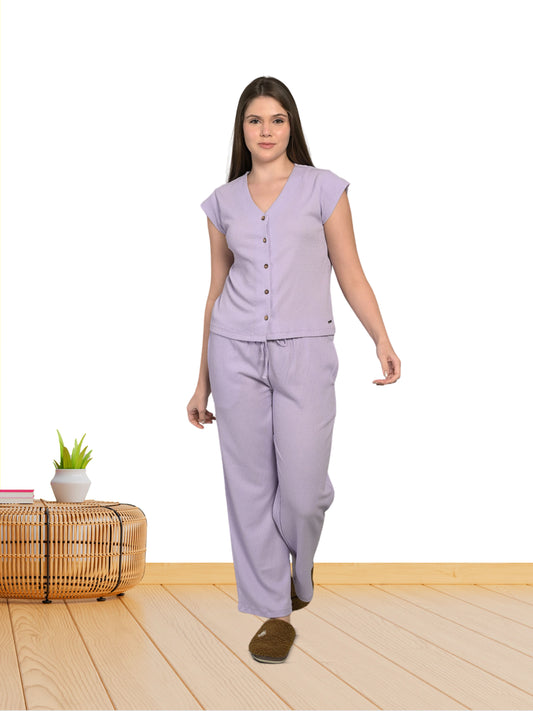 V Neck Purple Short Sleeve Top & Pyjama Set