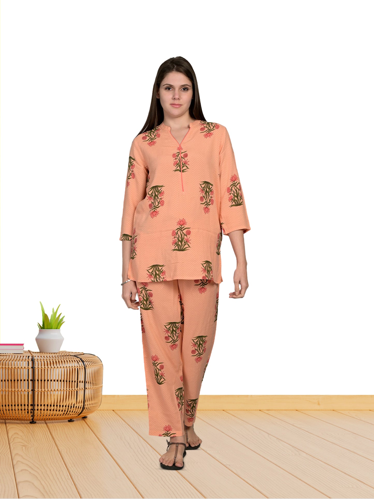 V Neck Orange 3/4Th Sleeve Printed Co-Ord Set