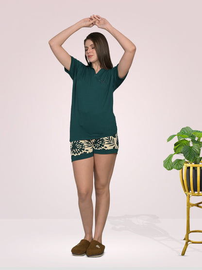 V Neck Green Half Sleeve Tshirt & Shorts Set