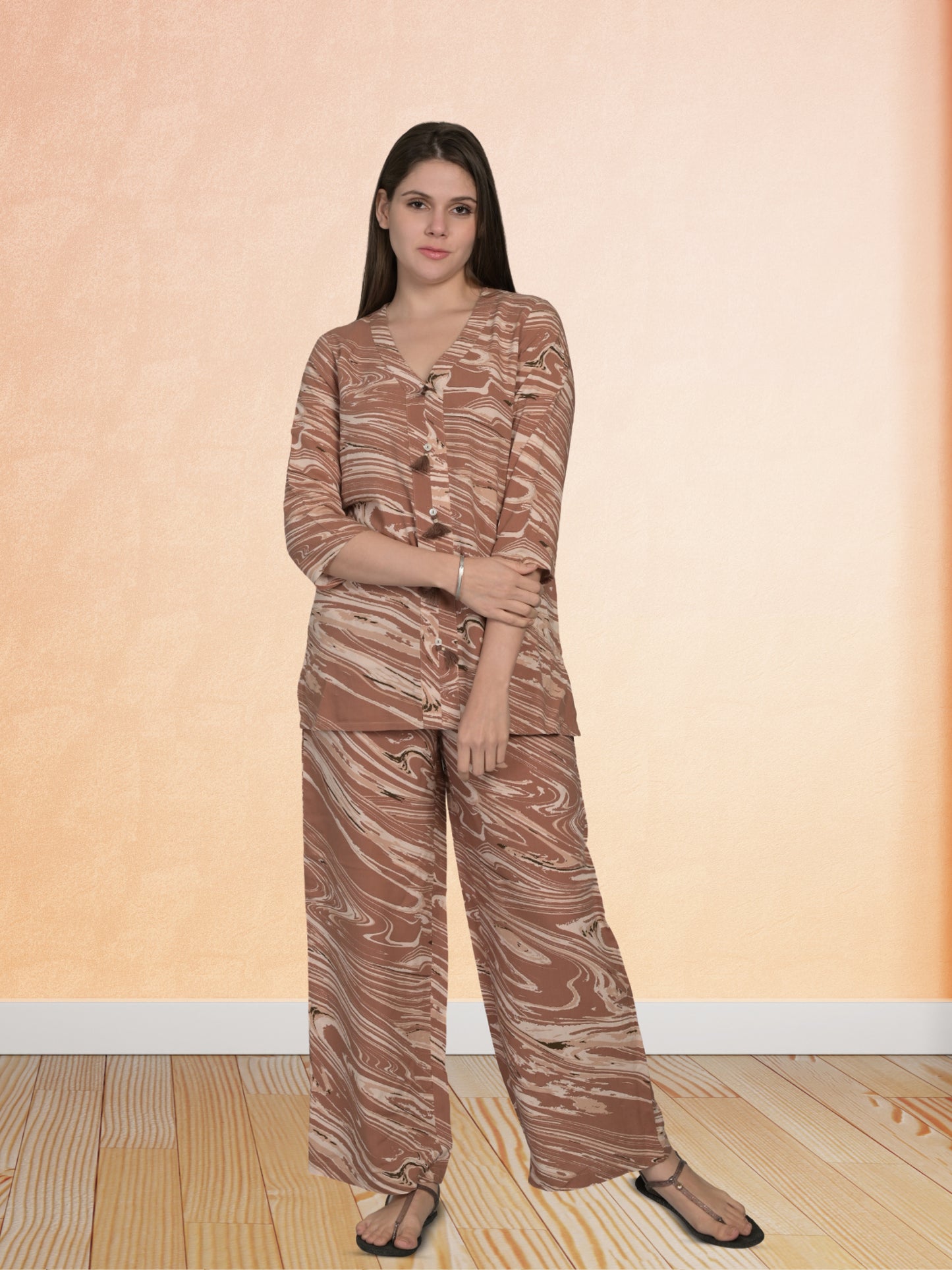 V Neck Brown 3/4Th Sleeve Printed Co-Ord Set