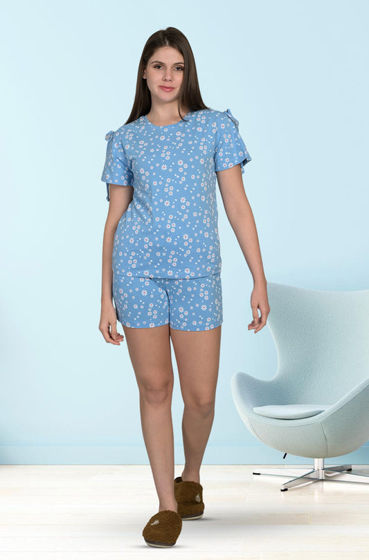 Round Neck Blue Half Sleeve Tshirt & Shorts Set