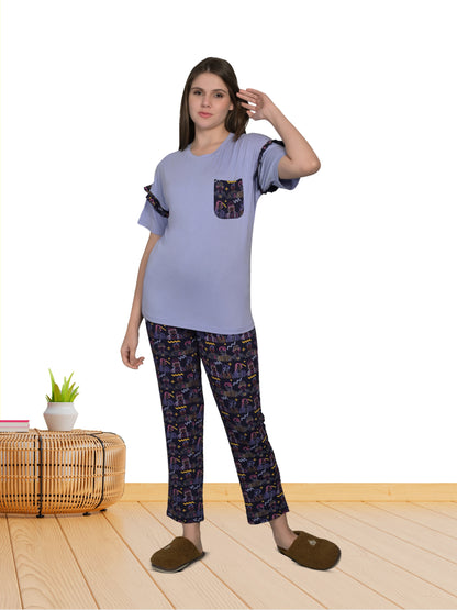 Round Neck Purple Half Sleeve Tshirt & Pyjama Set