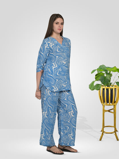 V Neck Blue 3/4Th Sleeve Printed Co-Ord Set