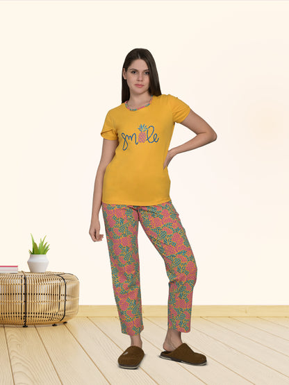 Round Neck Yellow Half Sleeve Tshirt & Pyjama Set