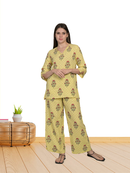 V Neck Yellow 3/4Th Sleeve Printed Co-Ord Set