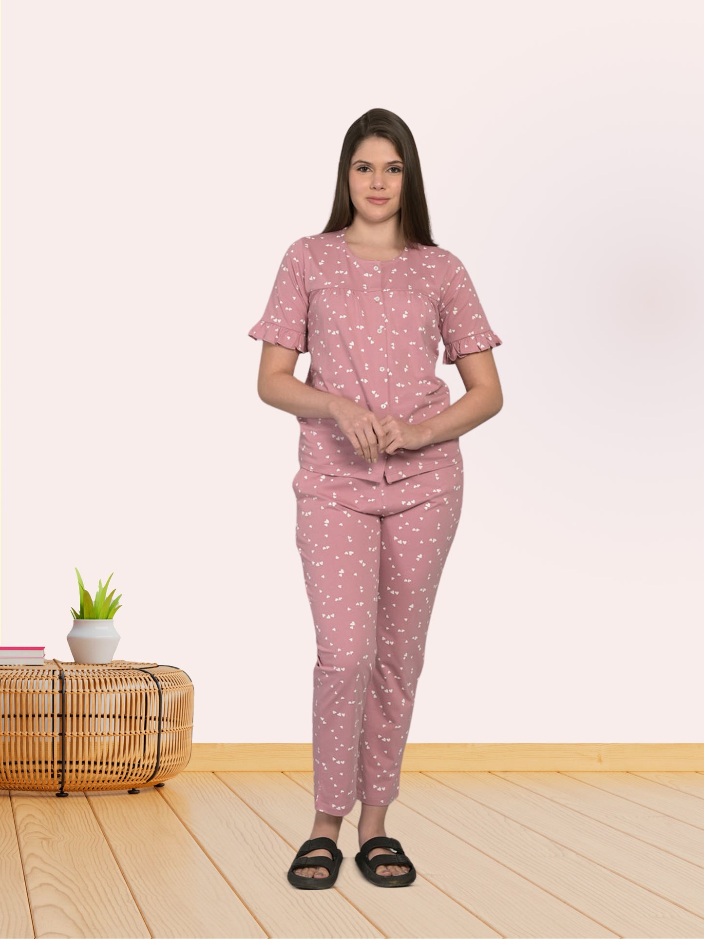 Round Neck Peach Half Sleeve Top & Pyjama Set