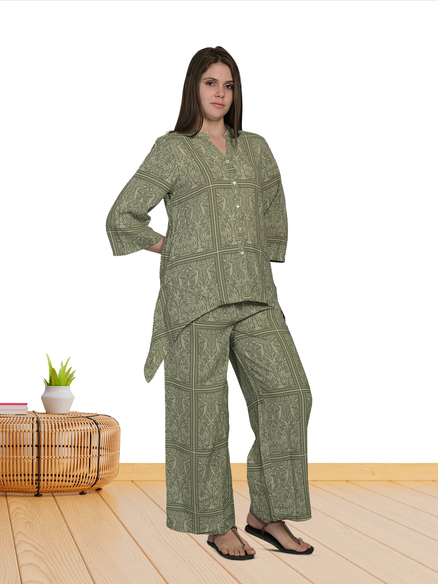 V Neck Green 3/4Th Sleeve Printed Co-Ord Set