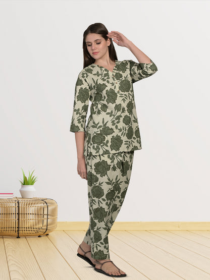 V Neck Green 3/4Th Sleeve Printed Co-Ord Set